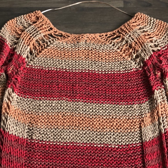 Free People Desert Moon Sweater Open Knit Red Stripe Cotton XS Fishermancore - Picture 8 of 15